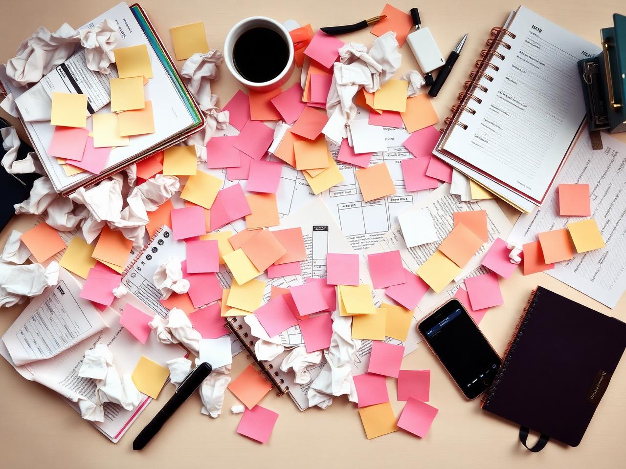 Mesa bagunçada com post-its e papéis